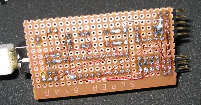 Wiring-side of the USBtinyISP board.
